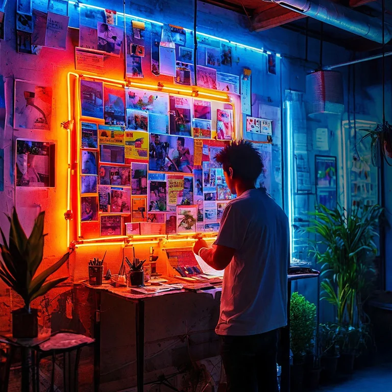 Person bei kreativer Projektplanung - Storyboard-Entwicklung mit Notizzetteln vor einer Leinwand, visualisiert Ideenfindung und Planungsprozess